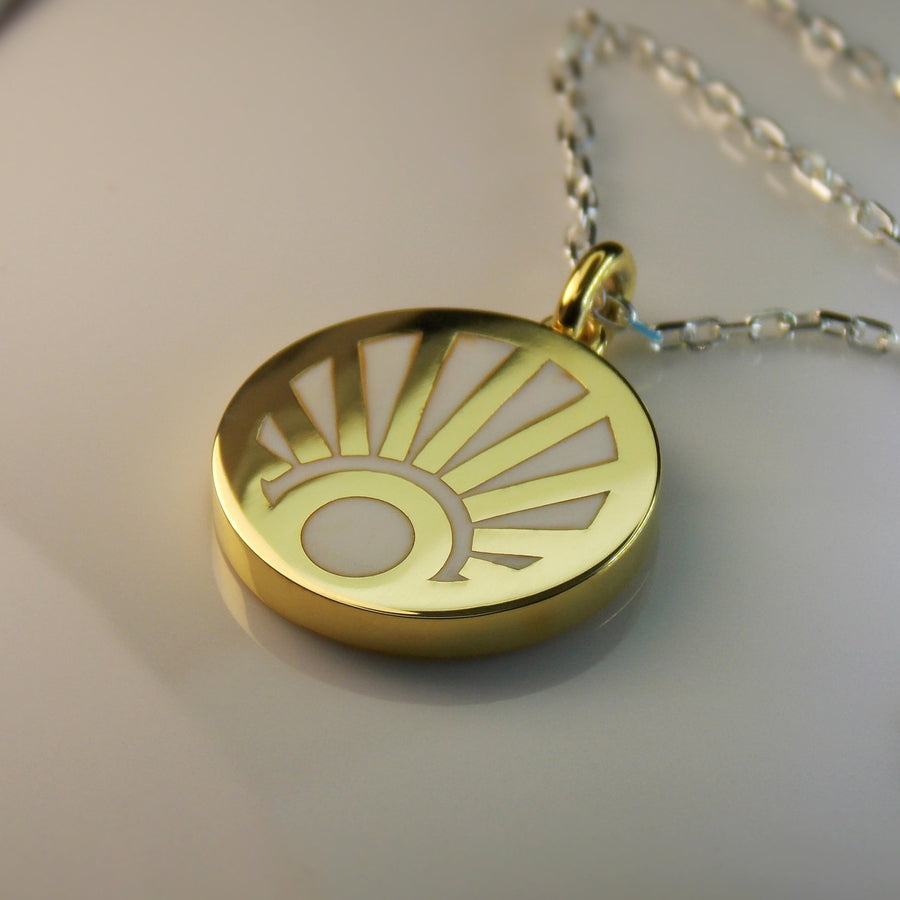African sunrise pendant in 18K yellow gold and cold enamel