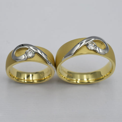 18ct yellow gold and platinum men's and ladies matching heart bands set with diamonds - Scherman's - Other - Scherman's