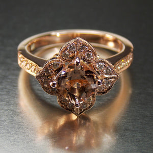 9ct rose gold and cushion cut morganite floral halo ring - Scherman's - Dress rings - Scherman's