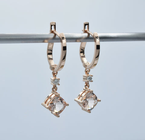 9ct rose gold huggy earrings, set with diamonds and morganite - Scherman's - Earrings - Scherman's