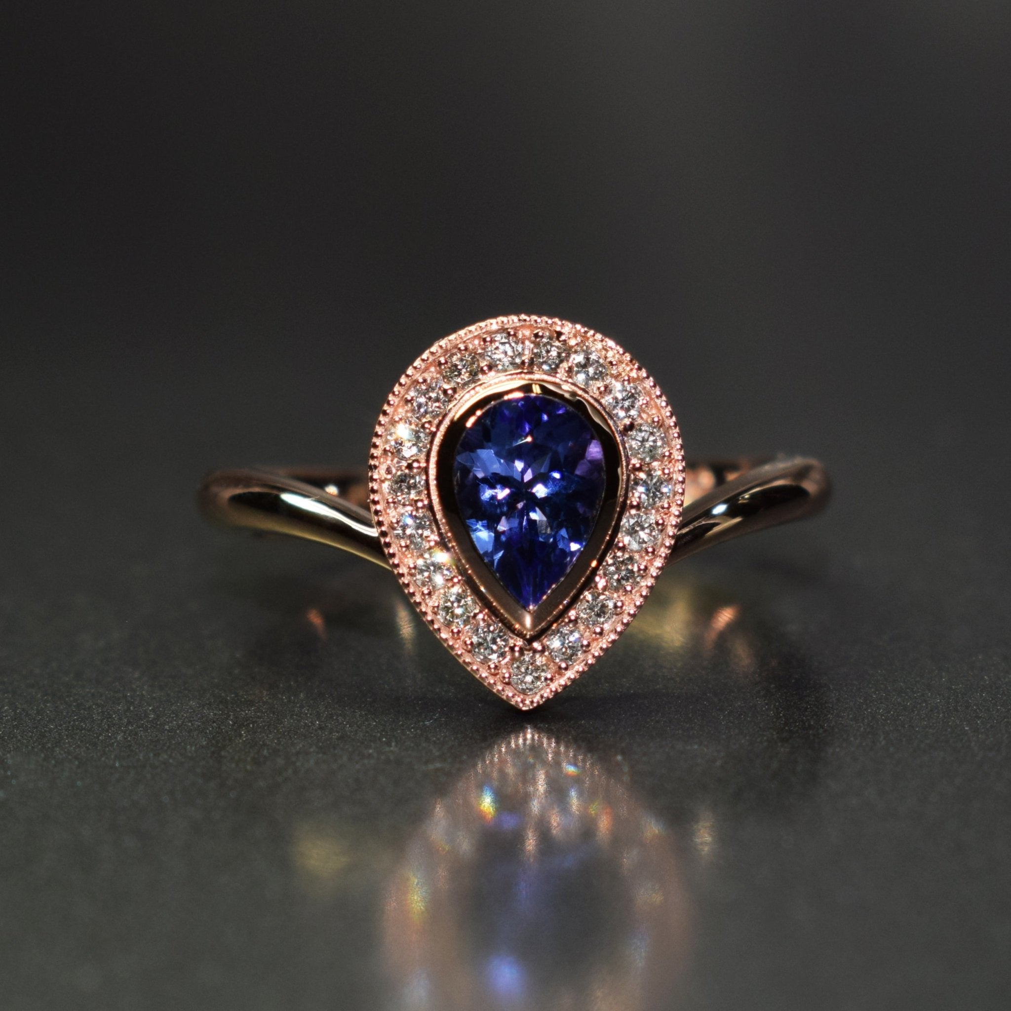 9ct rose gold pear shape halo set with tanzanite & diamonds - Scherman's - Engagement rings - Scherman's