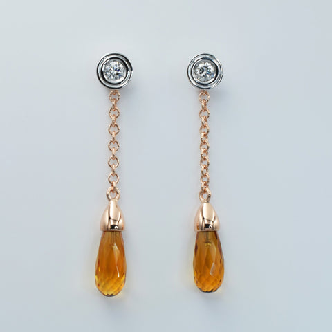 9ct white and rose gold hanging earrings. Interchangeable diamond studs with briolette cut citrines - Scherman's - Earrings - Scherman's