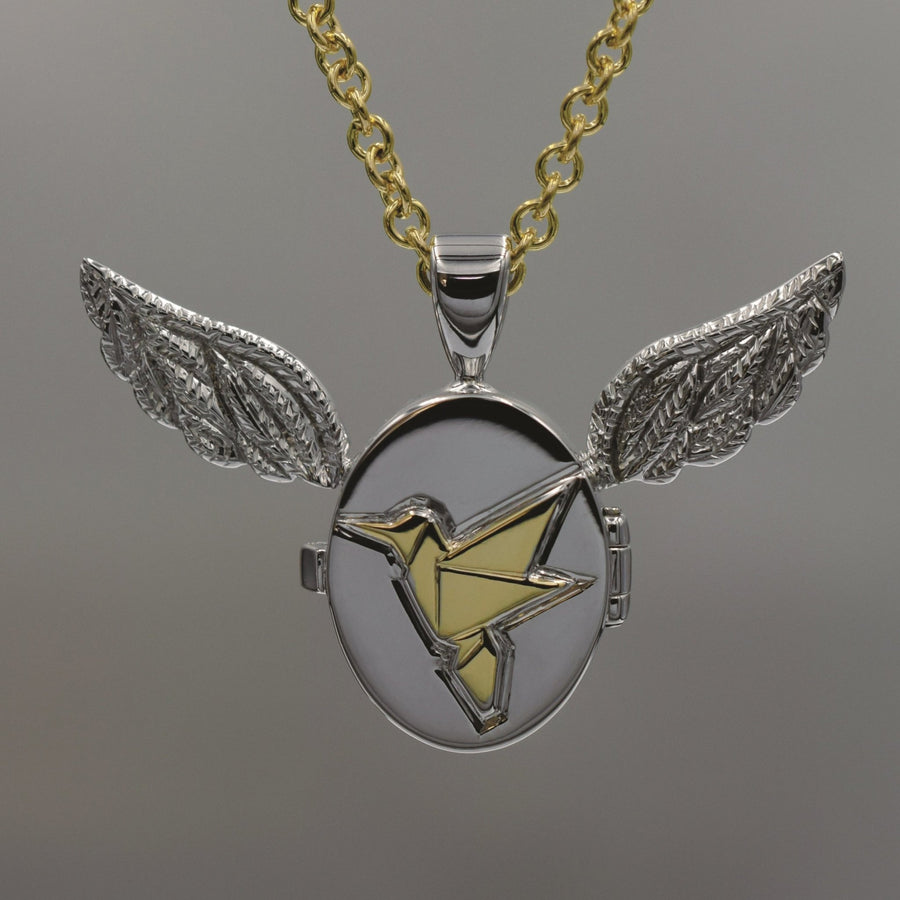 9ct white and yellow gold winged origami locket