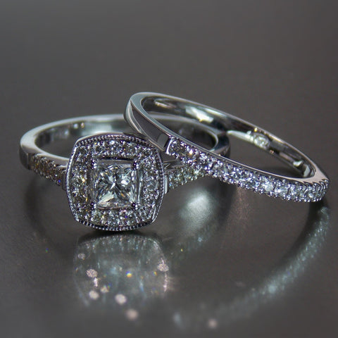 9ct white gold cushion cut halo with princess cut and round diamonds with pave band - Scherman's - Engagement rings - Scherman's