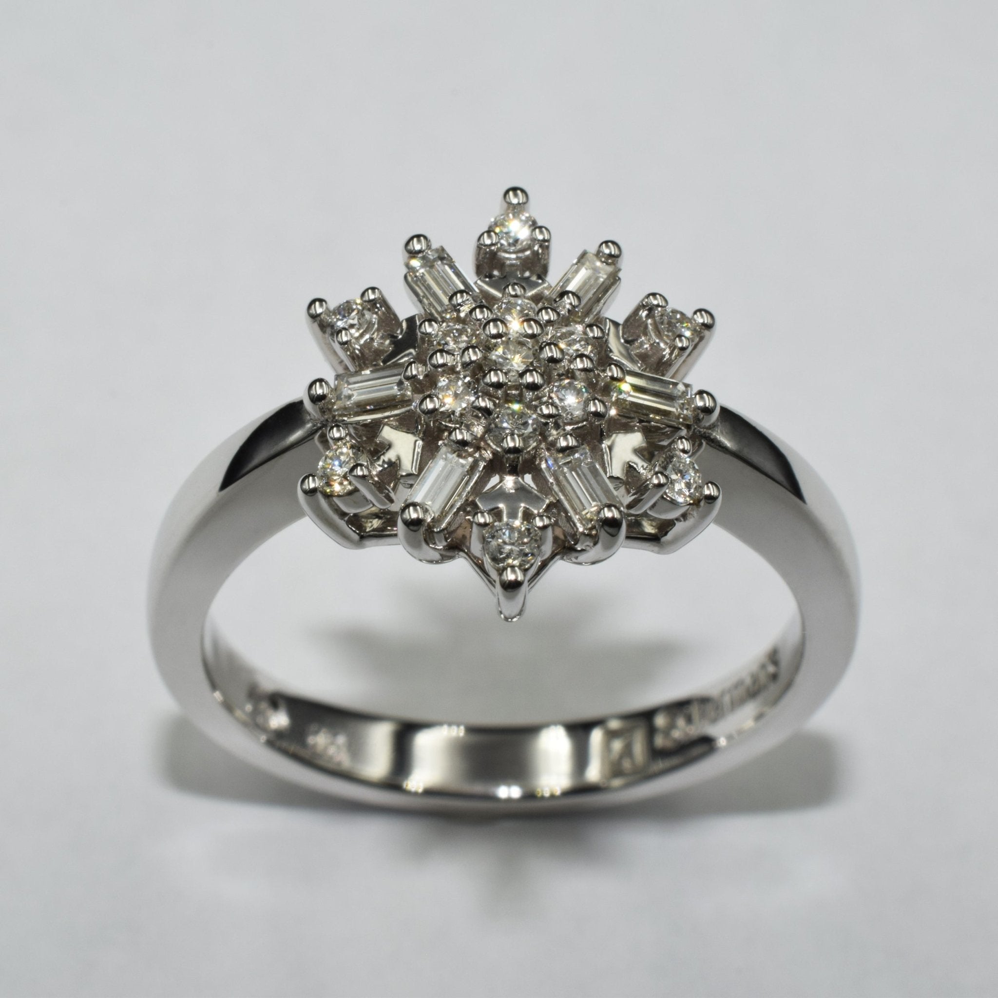 9ct white gold snowflake inspired ring, set with round and baguette diamonds - Scherman's - Engagement rings - Scherman's