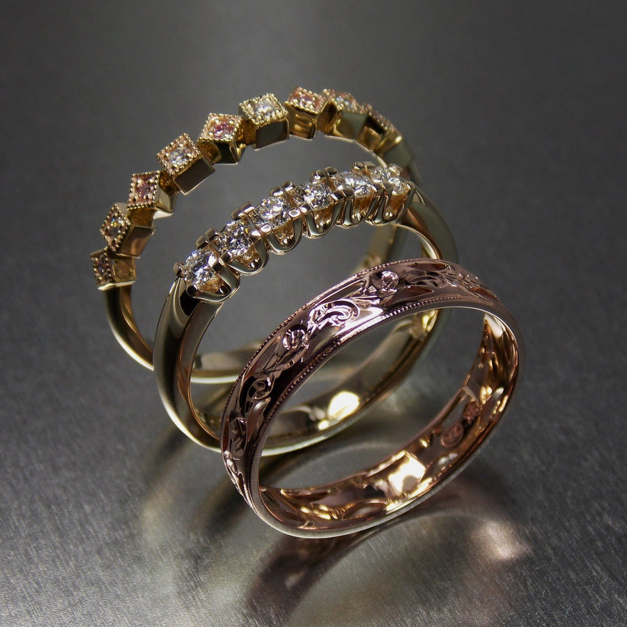 9ct yellow & rose gold stack rings set with white and pink diamonds