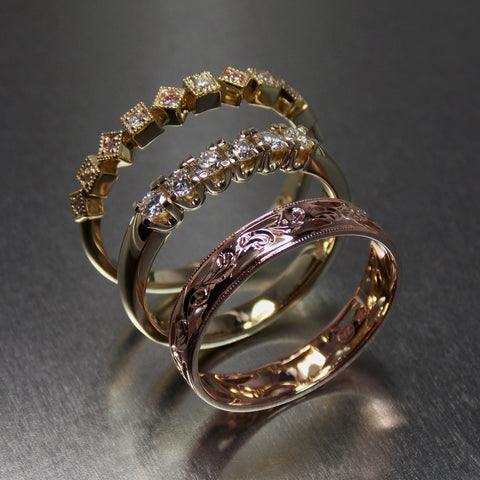 9ct yellow & rose gold stack rings set with white and pink diamonds - Scherman's - Other - Scherman's
