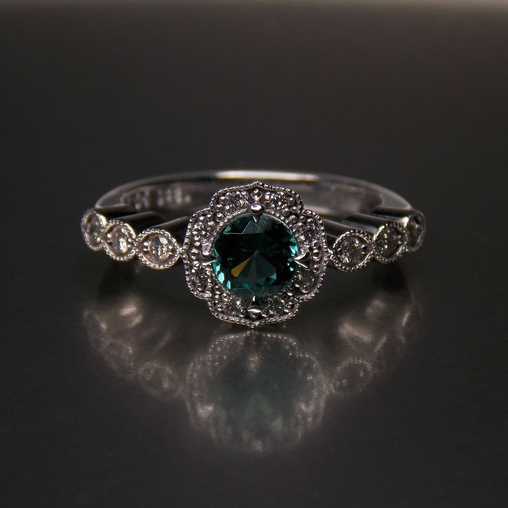 Vintage 18K white gold engagement ring set with green tourmaline & diamonds
