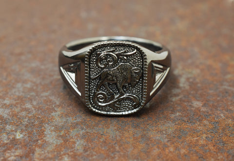 Handmade Bison signet ring, silver black rhodium