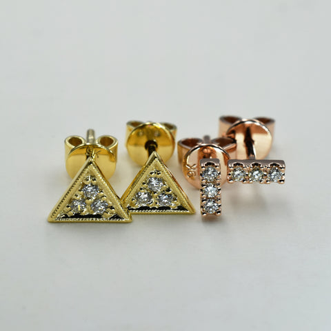 Triangle and rectangle shaped diamond studs in yellow and rose gold