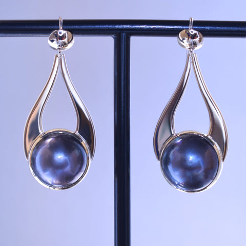 Blue mabe pearl hanging earrings in 9K white gold - Scherman's - earrings - Scherman's