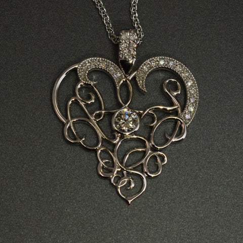 Calligraphy heart shaped pendant with diamonds in 9ct white gold - Scherman's - Pendants - Scherman's